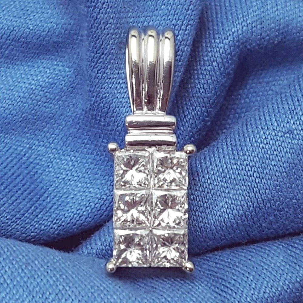 Elegant 14K Solid White Gold Designer Square Princess Cut Diamond Charm Pendant